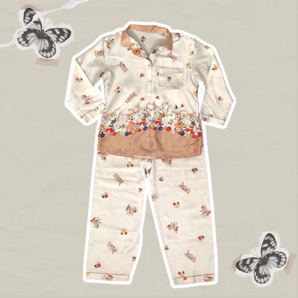 Women’s Retro Vintage Handmade 70s Rabbit Pajama Blouse and Bottom Set